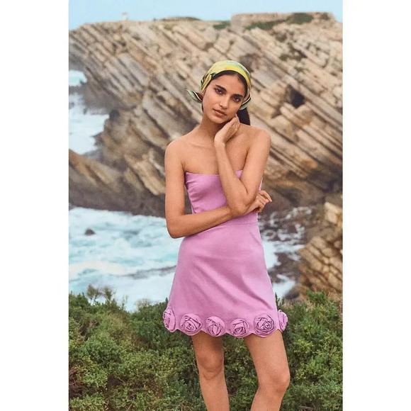 NWT Anthropologie Maeve Strapless Rosette-Trim Mini Dress M Pink 9A402 - Picture 4 of 11